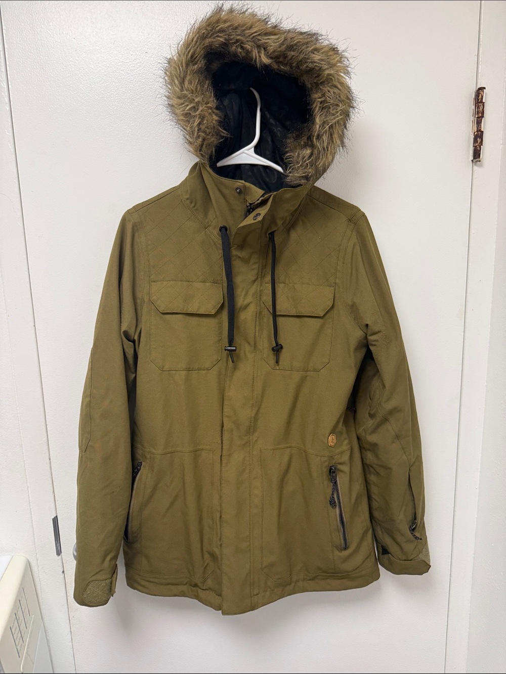 Volcom Olive Green Military Field Jacket with Faux Fur Hood
